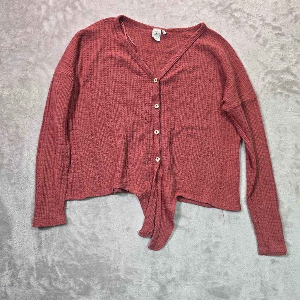 Paper Crane Womens Waffle Knit Tie Front Cardigan Rust Orange Button Up Medium